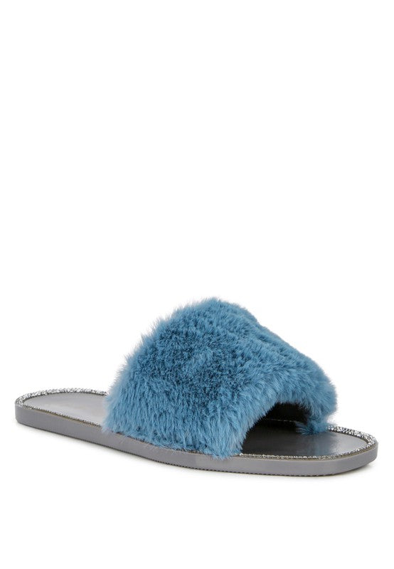 Always24 Faux Fur Diamante Detail Jelly Flats