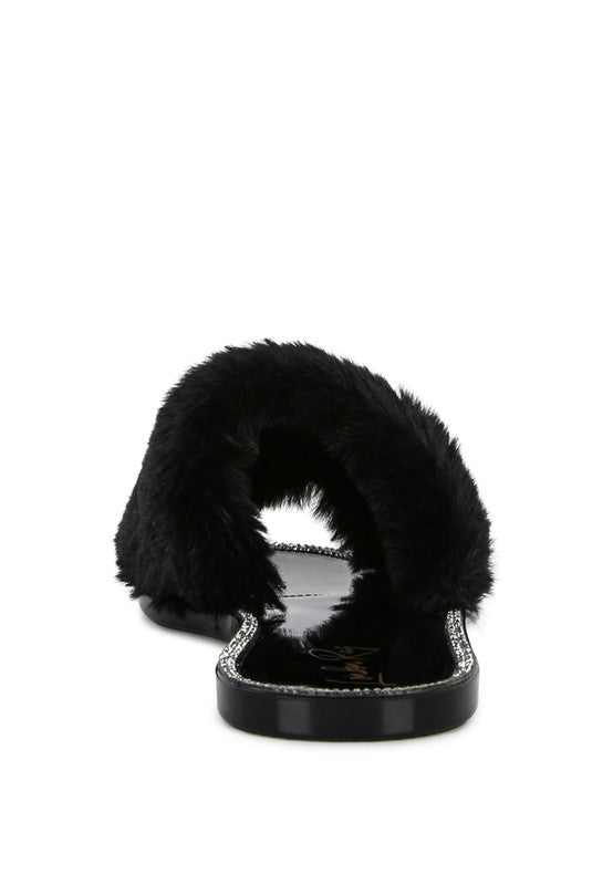 Always24 Faux Fur Diamante Detail Jelly Flats