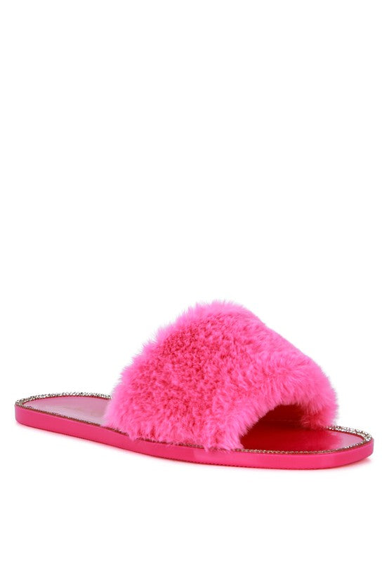 Always24 Faux Fur Diamante Detail Jelly Flats