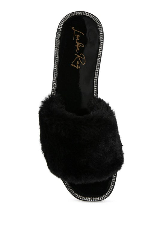 Always24 Faux Fur Diamante Detail Jelly Flats