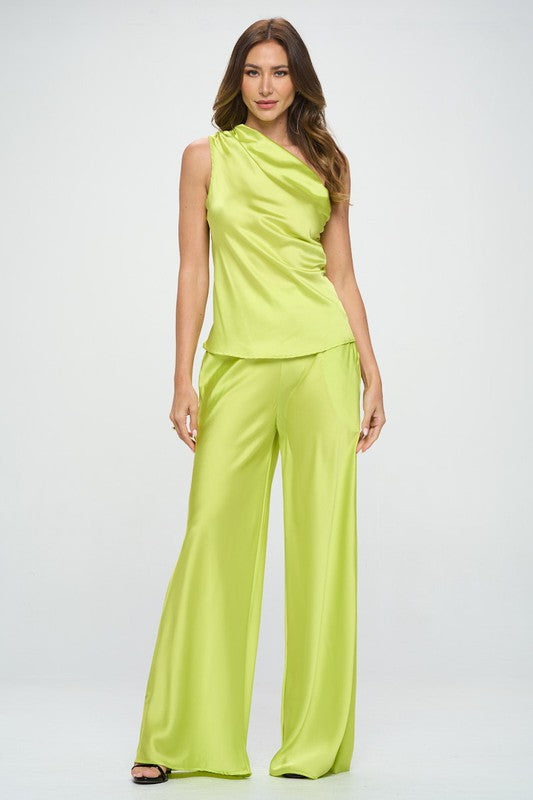 Silky Satin One Shoulder Ruched Top - Always24