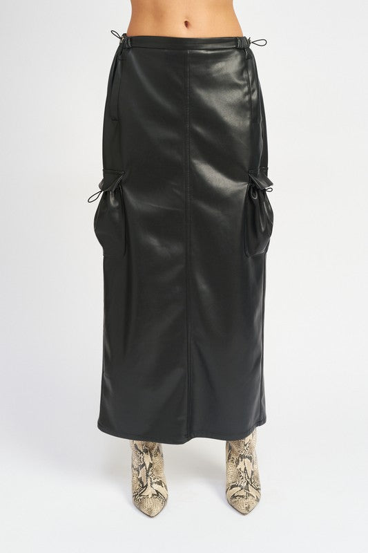 LEATHER CARGO MAXI SKIRT - Always24