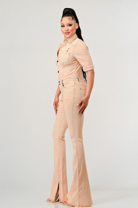 Always24 WASHED DENIM HALF SLEEVE JUMPSUIT - Always24