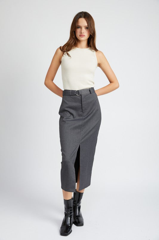 PINSTRIPE MIDI SKIRT WITH SLIT - Always24