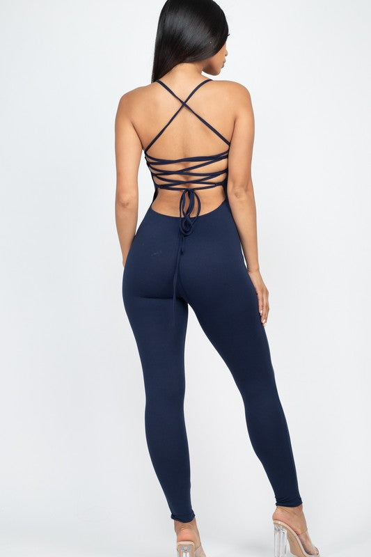 Criss-Cross Open Back Bodycon Jumpsuit - Always24