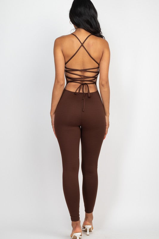 Criss-Cross Open Back Bodycon Jumpsuit - Always24