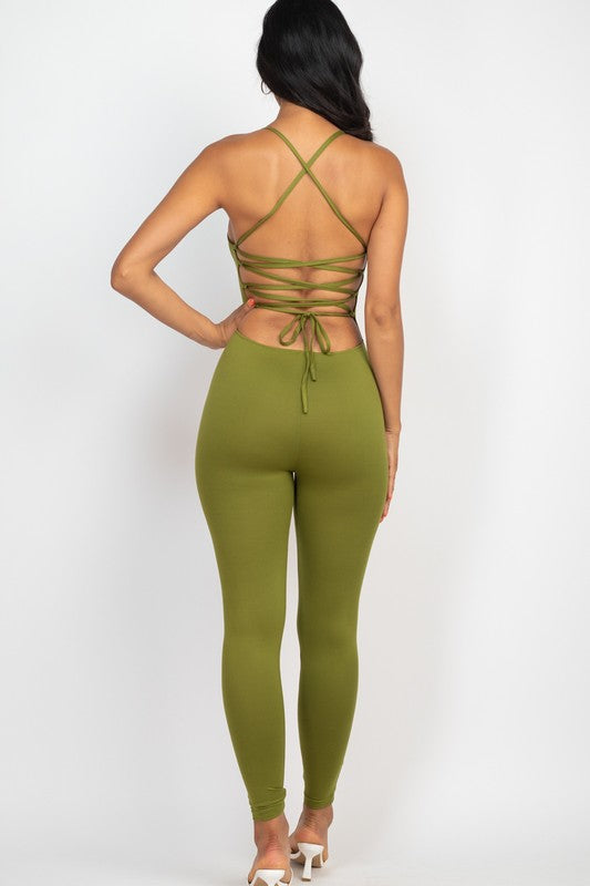 Criss-Cross Open Back Bodycon Jumpsuit - Always24