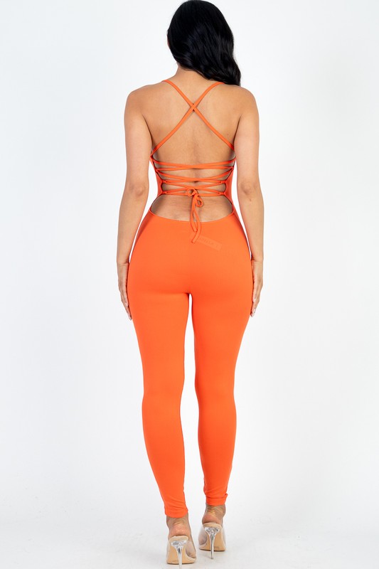 Criss-Cross Open Back Bodycon Jumpsuit - Always24