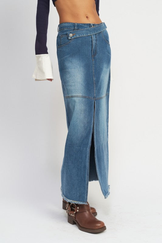 BELT DETAIL DENIM SKIRT WITH FRONT SLIT - Always24