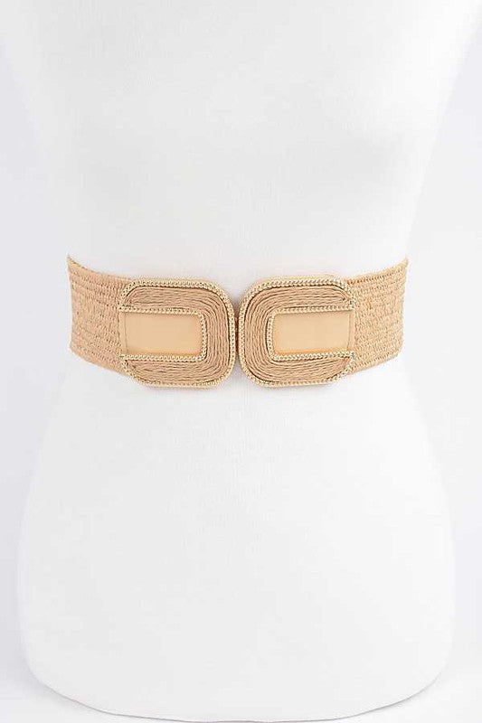 Double Buckle Faux Straw Elastic Belt - Always24
