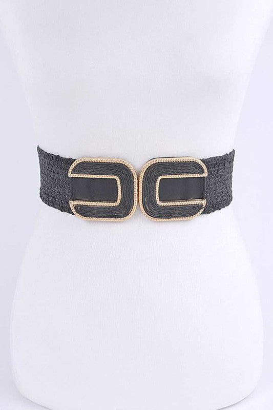 Double Buckle Faux Straw Elastic Belt - Always24