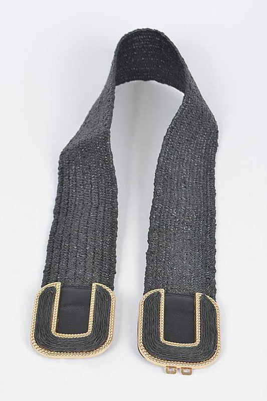 Double Buckle Faux Straw Elastic Belt - Always24
