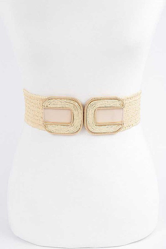 Double Buckle Faux Straw Elastic Belt - Always24