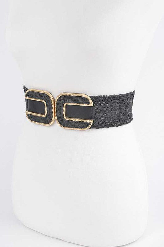 Double Buckle Faux Straw Elastic Belt - Always24
