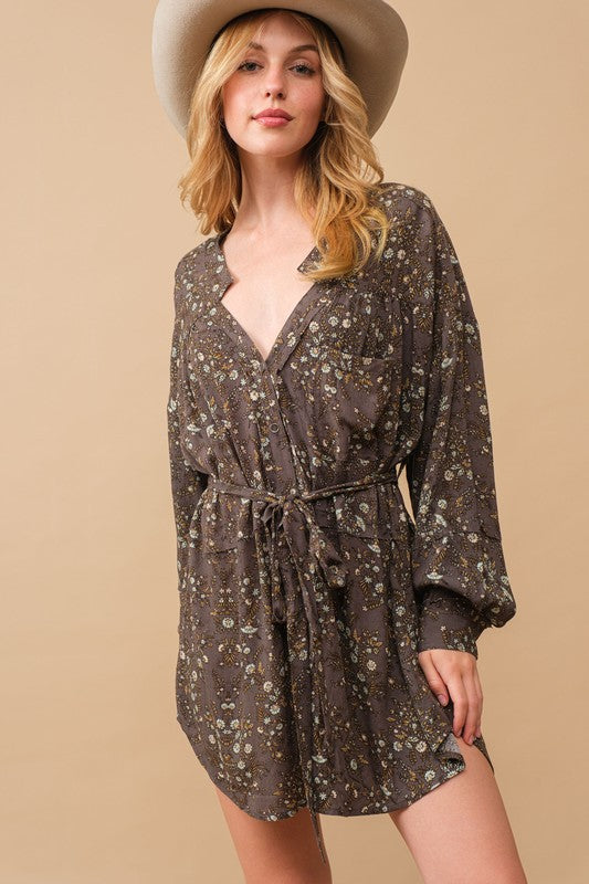 Rayon Crinkle Ditsy Floral Raw Shift Shirt Dress - Always24