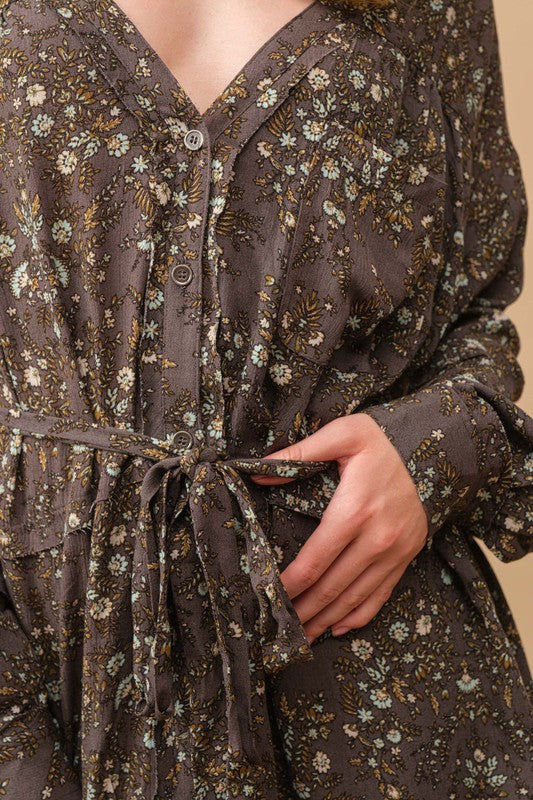 Rayon Crinkle Ditsy Floral Raw Shift Shirt Dress - Always24