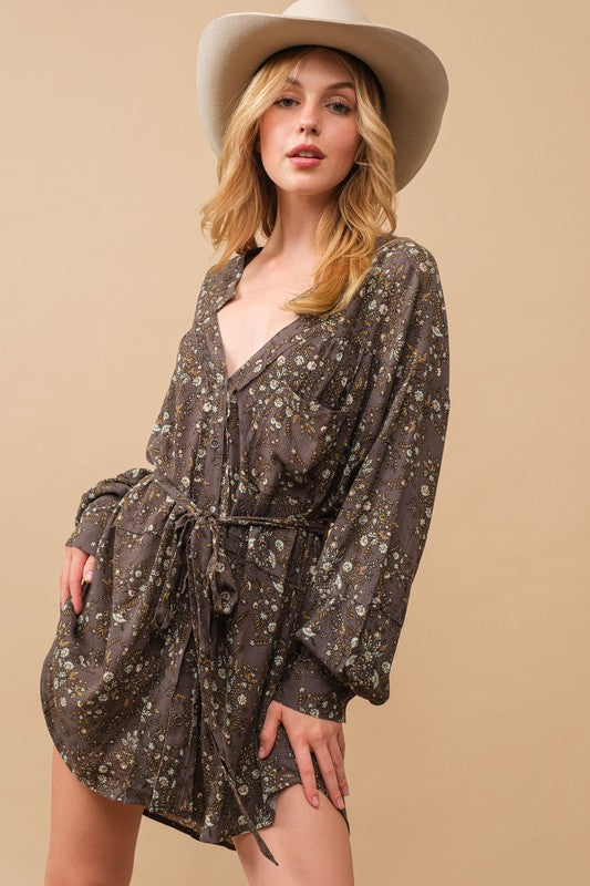 Rayon Crinkle Ditsy Floral Raw Shift Shirt Dress - Always24