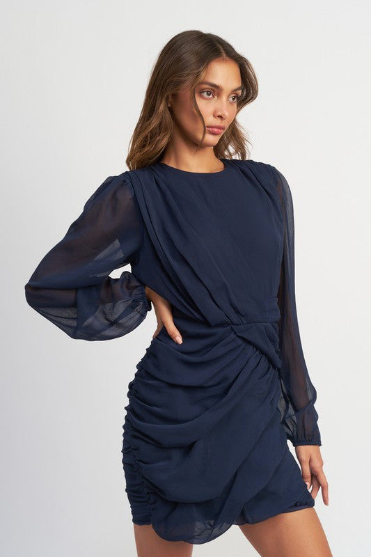 LONG SLEEVE RUCHED MINI DRESS - Always24