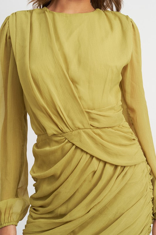 LONG SLEEVE RUCHED MINI DRESS - Always24