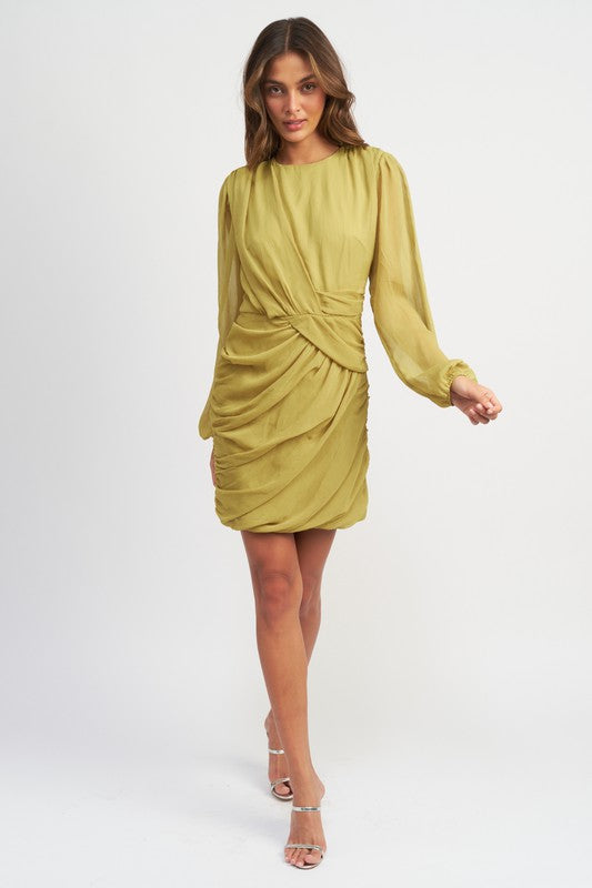 LONG SLEEVE RUCHED MINI DRESS - Always24