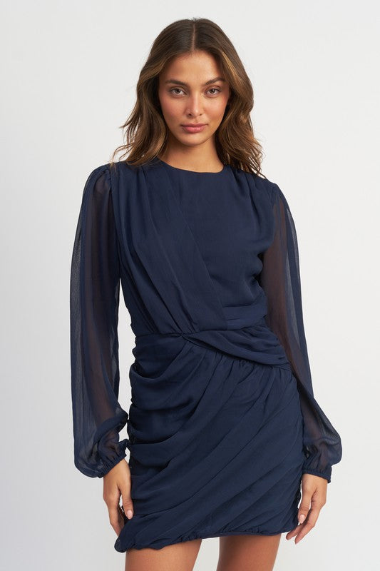 LONG SLEEVE RUCHED MINI DRESS - Always24