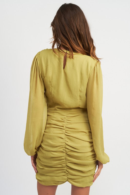 LONG SLEEVE RUCHED MINI DRESS - Always24