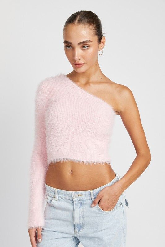 ONE SHOULDER FLUFFY SWEATER TOP - Always24