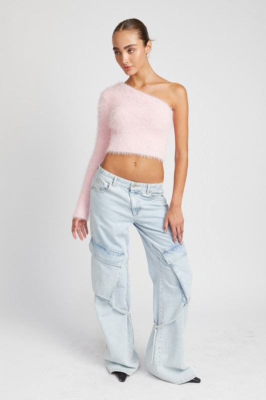 ONE SHOULDER FLUFFY SWEATER TOP - Always24
