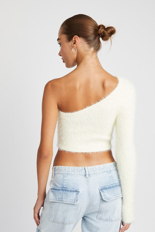 ONE SHOULDER FLUFFY SWEATER TOP - Always24