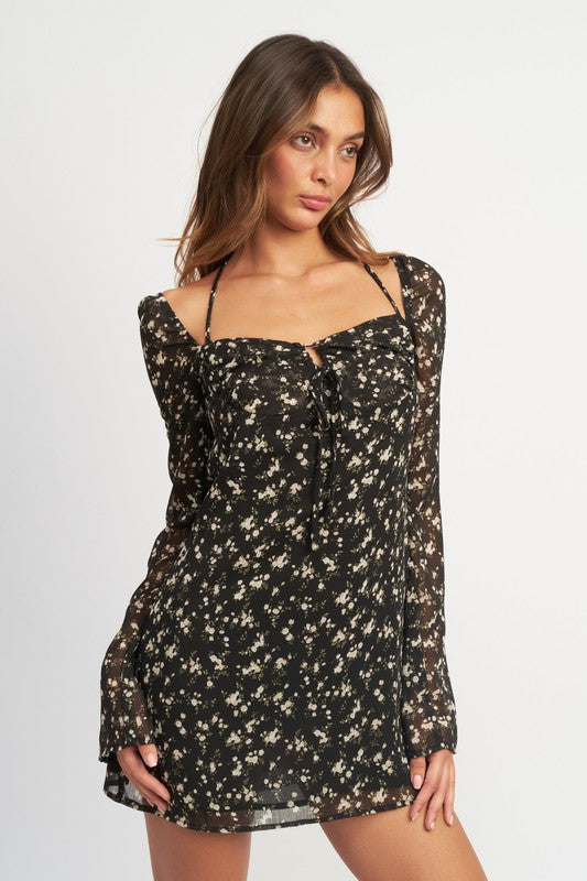 FLORAL LONG SLEEVE DRESS WITH HALTER DETAIL - Always24