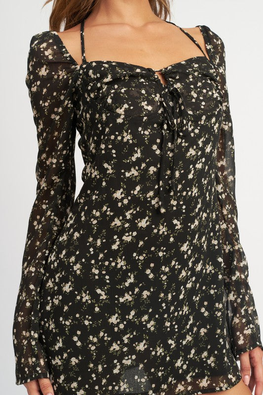 FLORAL LONG SLEEVE DRESS WITH HALTER DETAIL - Always24