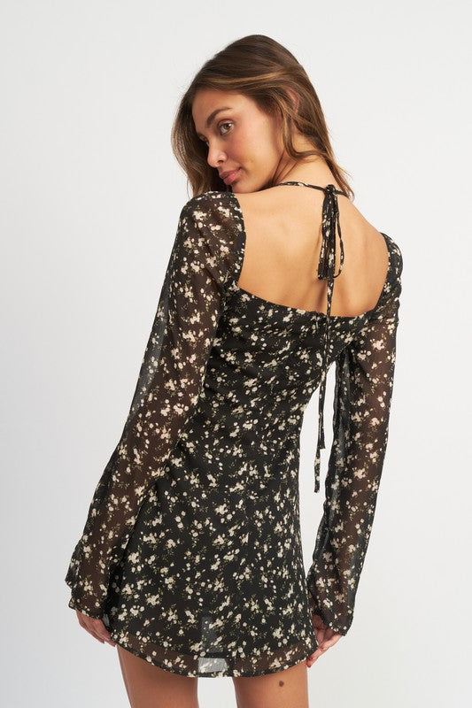 FLORAL LONG SLEEVE DRESS WITH HALTER DETAIL - Always24