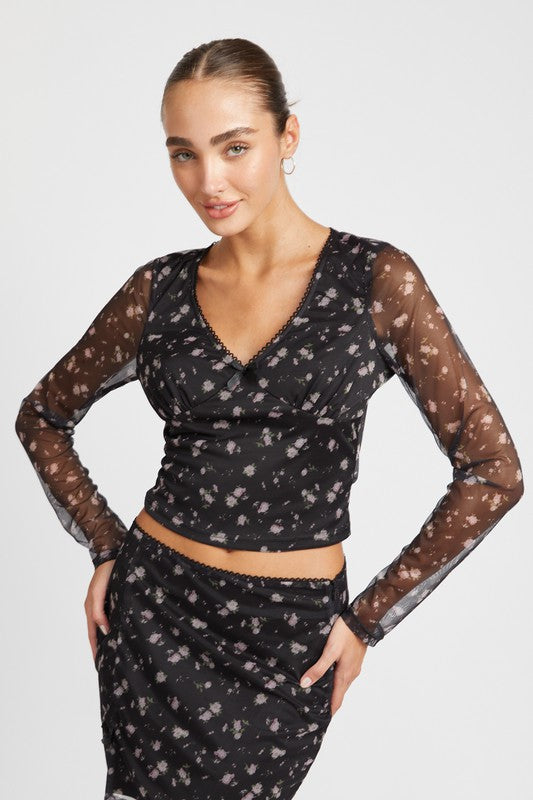 FLORAL PRINT MESH CROP TOP WITH V NECK - Always24