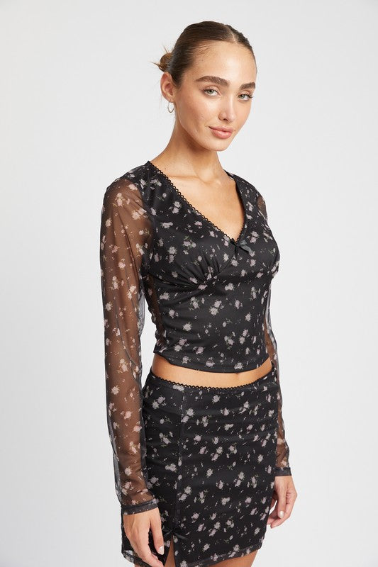 FLORAL PRINT MESH CROP TOP WITH V NECK - Always24