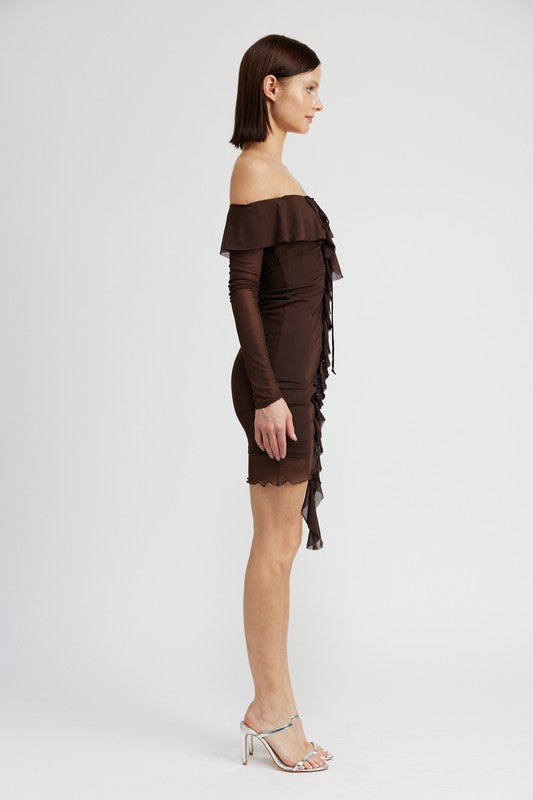 OFF SHOULDER MINI DRESS WITH RUFFLE DETAIL - Always24