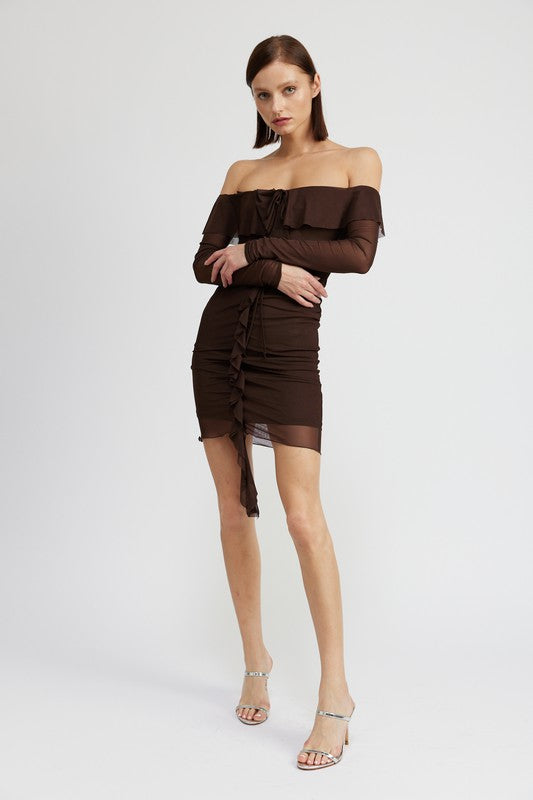 OFF SHOULDER MINI DRESS WITH RUFFLE DETAIL - Always24