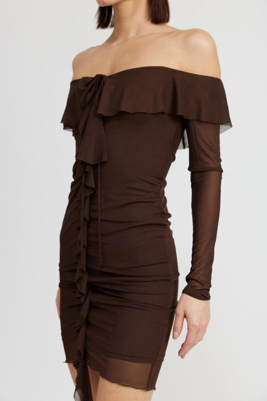 OFF SHOULDER MINI DRESS WITH RUFFLE DETAIL - Always24