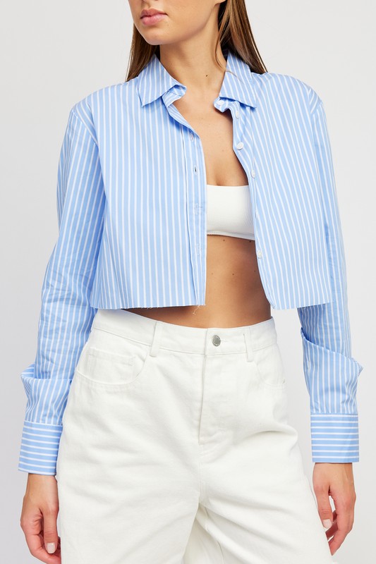 STRIPED CROPPED SHIRT WITH CUT EDGE - Always24