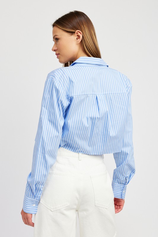STRIPED CROPPED SHIRT WITH CUT EDGE - Always24