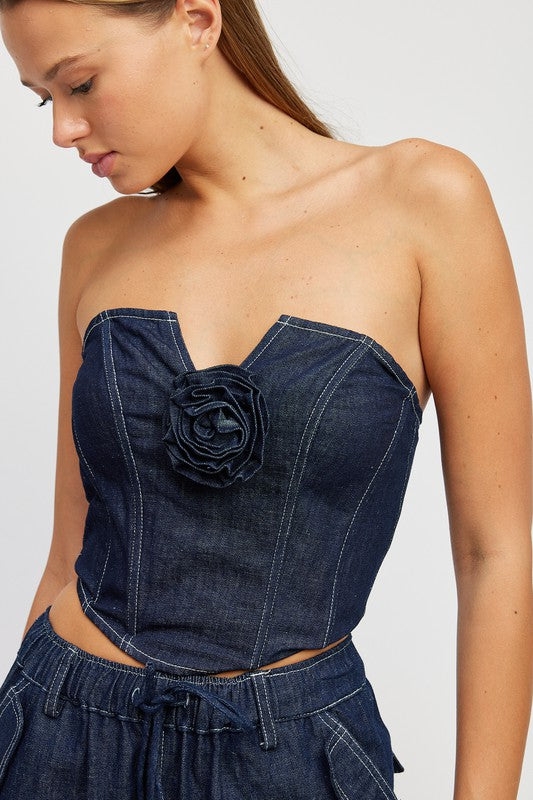 DENIM CORSET TUBE TOP WITH ROSETTE DETAIL - Always24