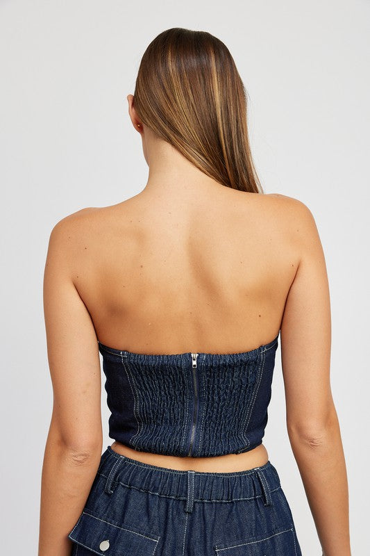 DENIM CORSET TUBE TOP WITH ROSETTE DETAIL - Always24