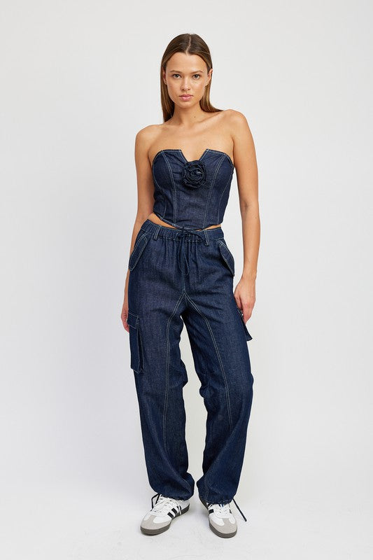 DENIM CORSET TUBE TOP WITH ROSETTE DETAIL - Always24