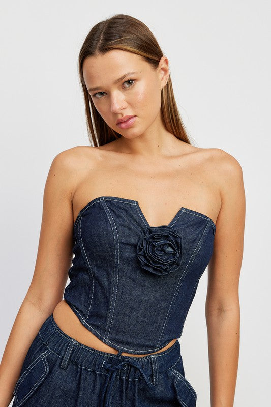 DENIM CORSET TUBE TOP WITH ROSETTE DETAIL - Always24