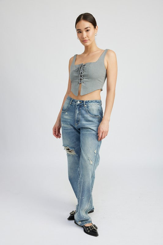 Always24 SQUARE NECK TOP WITH LACE UP FRONT - Always24