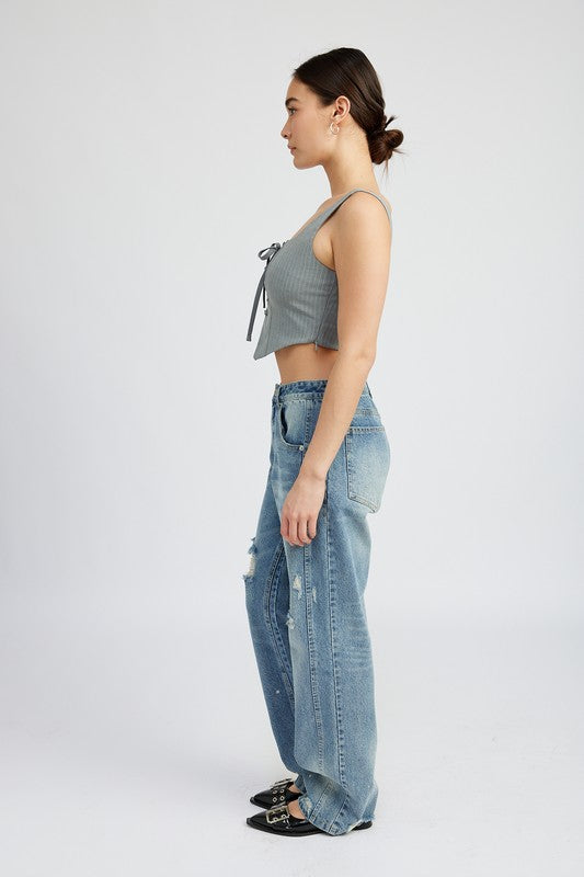 Always24 SQUARE NECK TOP WITH LACE UP FRONT - Always24