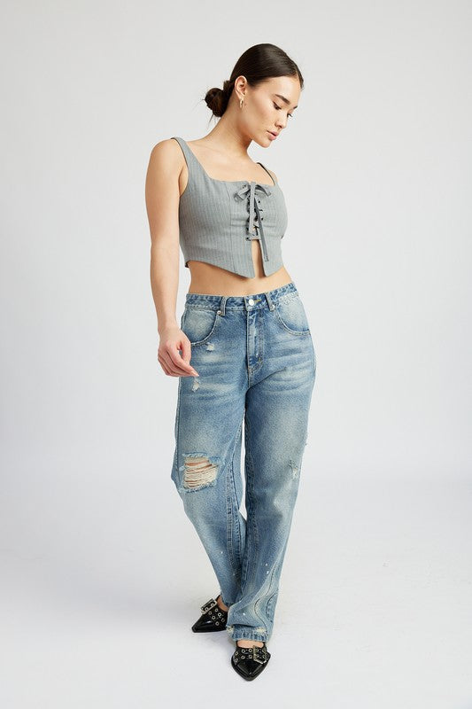 Always24 SQUARE NECK TOP WITH LACE UP FRONT - Always24