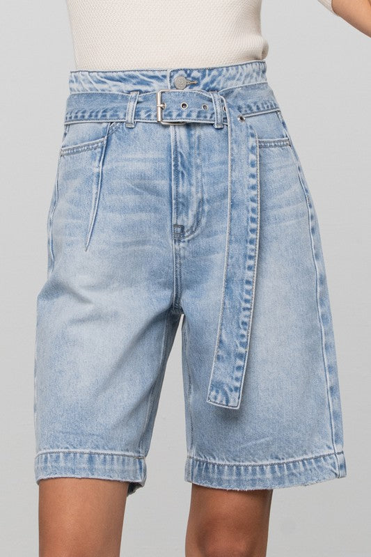 Self Belted Bermuda Denim Shorts - Always24