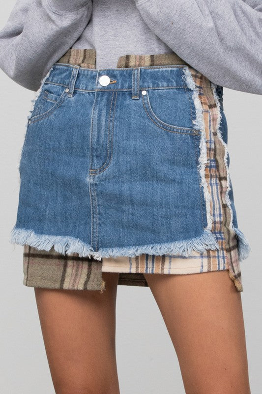 PLAID CHECKER DENIM MINI SKIRT - Always24
