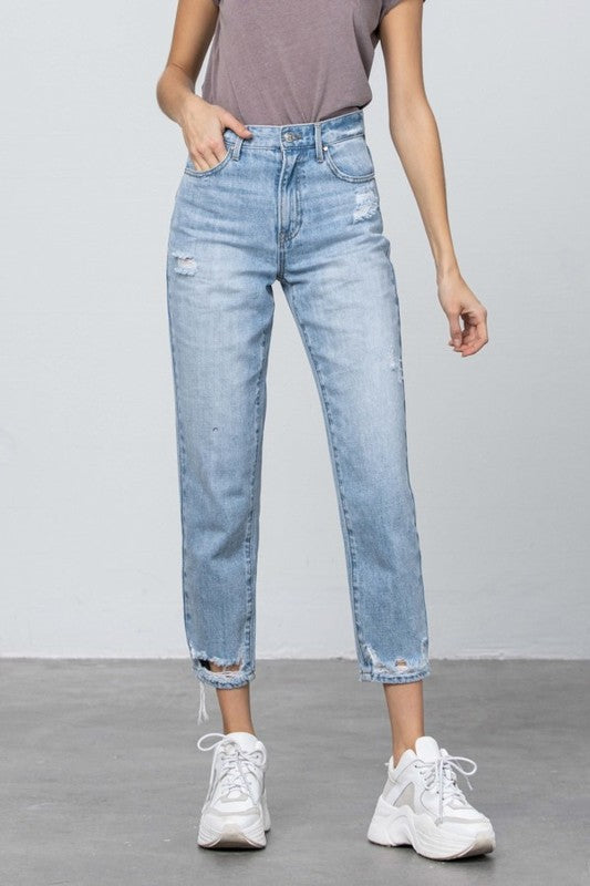 High Waist Ripped Hem Tapered Jeans - Always24
