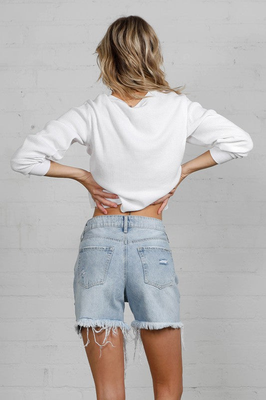 HIGH RISE MIDI DESTROYED SHORTS - Always24